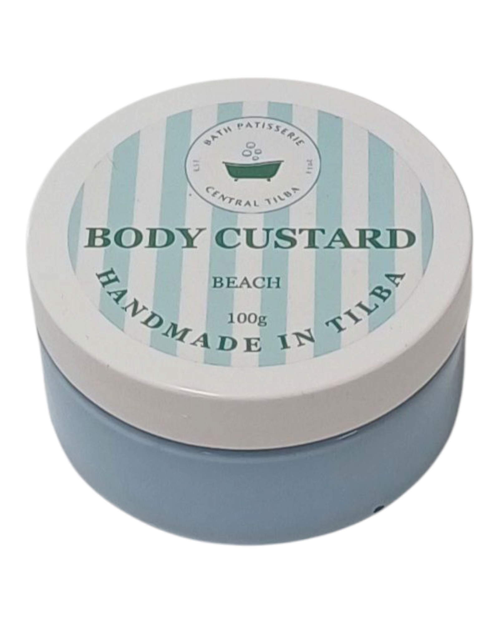 Bath Patisserie Beach Scented Body Custard – blue coloured nourishing custard in labelled jar.