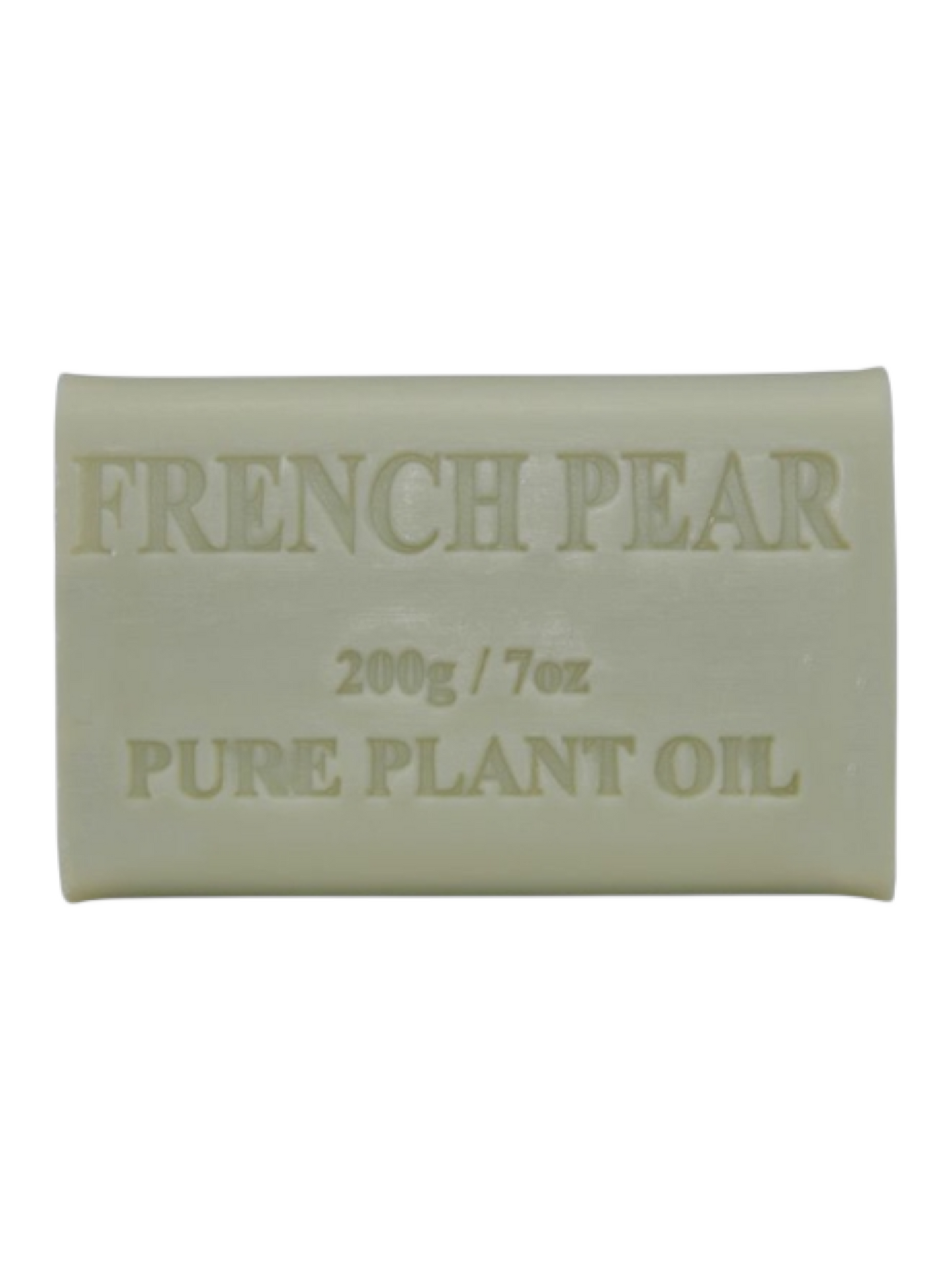Bar of soap labeled 'French Pear' with 'Pure Plant Oil'