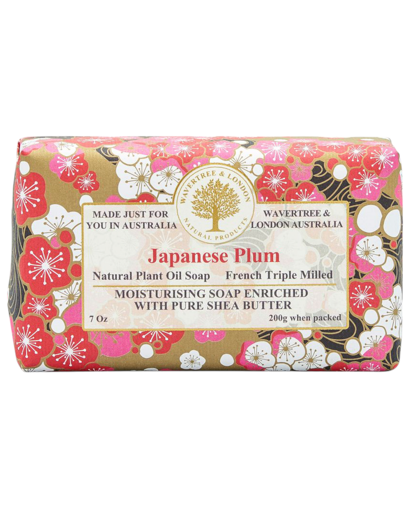 A packaged bar of Wavertree & London soap with Japanese Plum scent, featuring floral design and information about organic shea butter on the label.