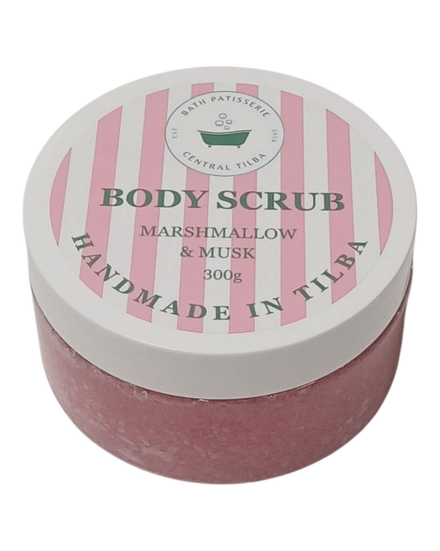 Bath Patisserie Marshmallow & Musk scented Body Scrub – pink exfoliating scrub in a labelled jar.