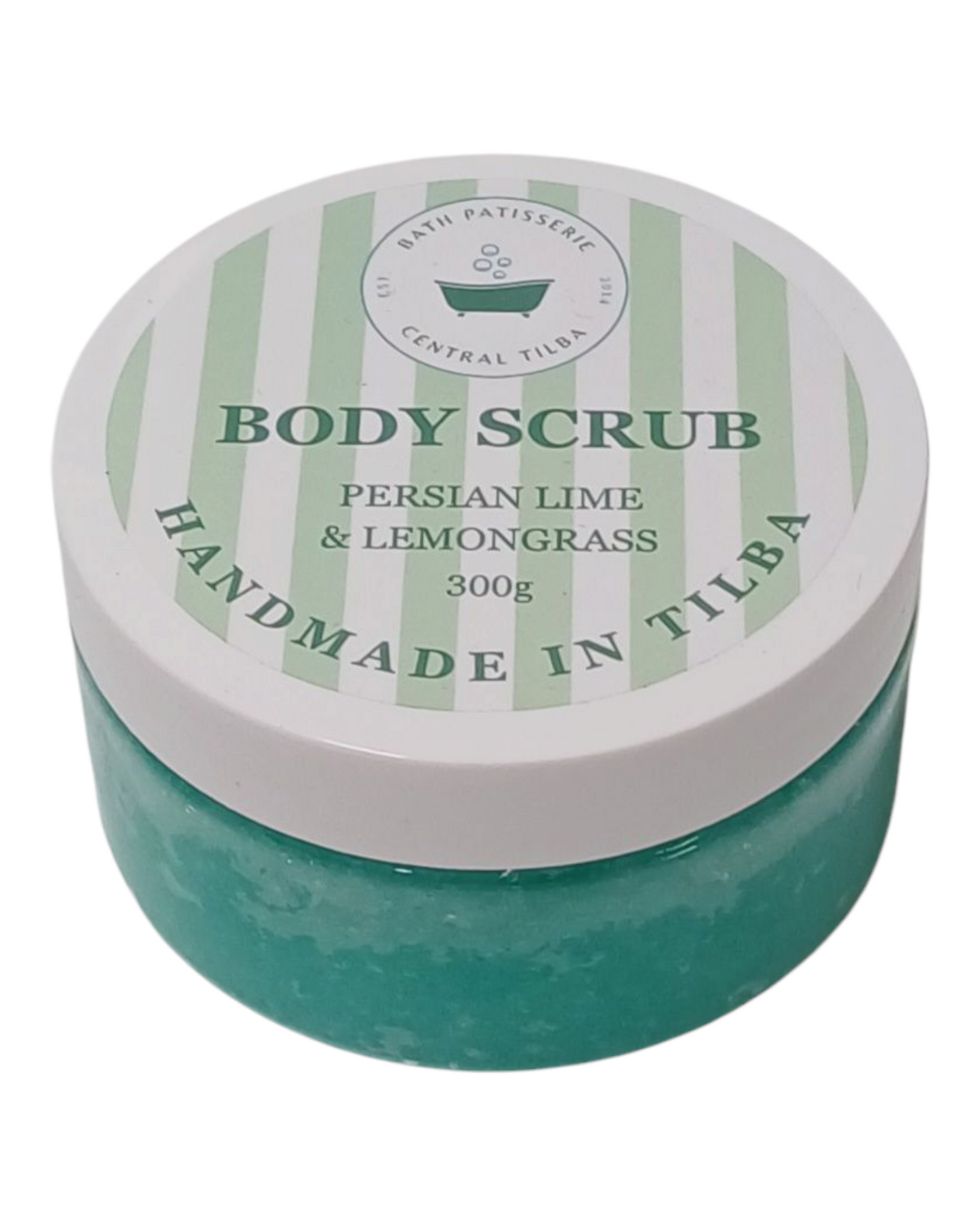 Bath Patisserie Persian Lime & Lemongrass scented Body Scrub – green exfoliating scrub in a labelled jar.