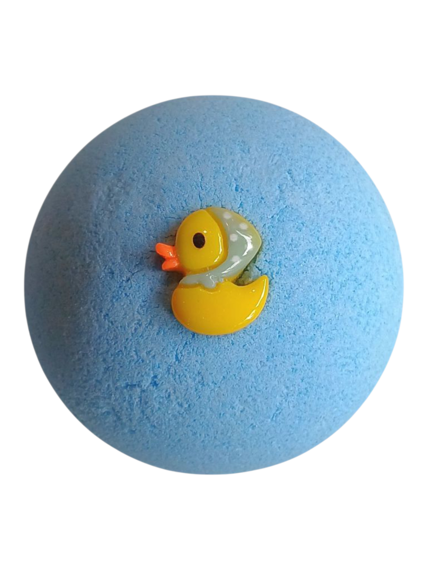 Bath Patisserie blue bath bomb with a yellow rubber duck charm on a white background