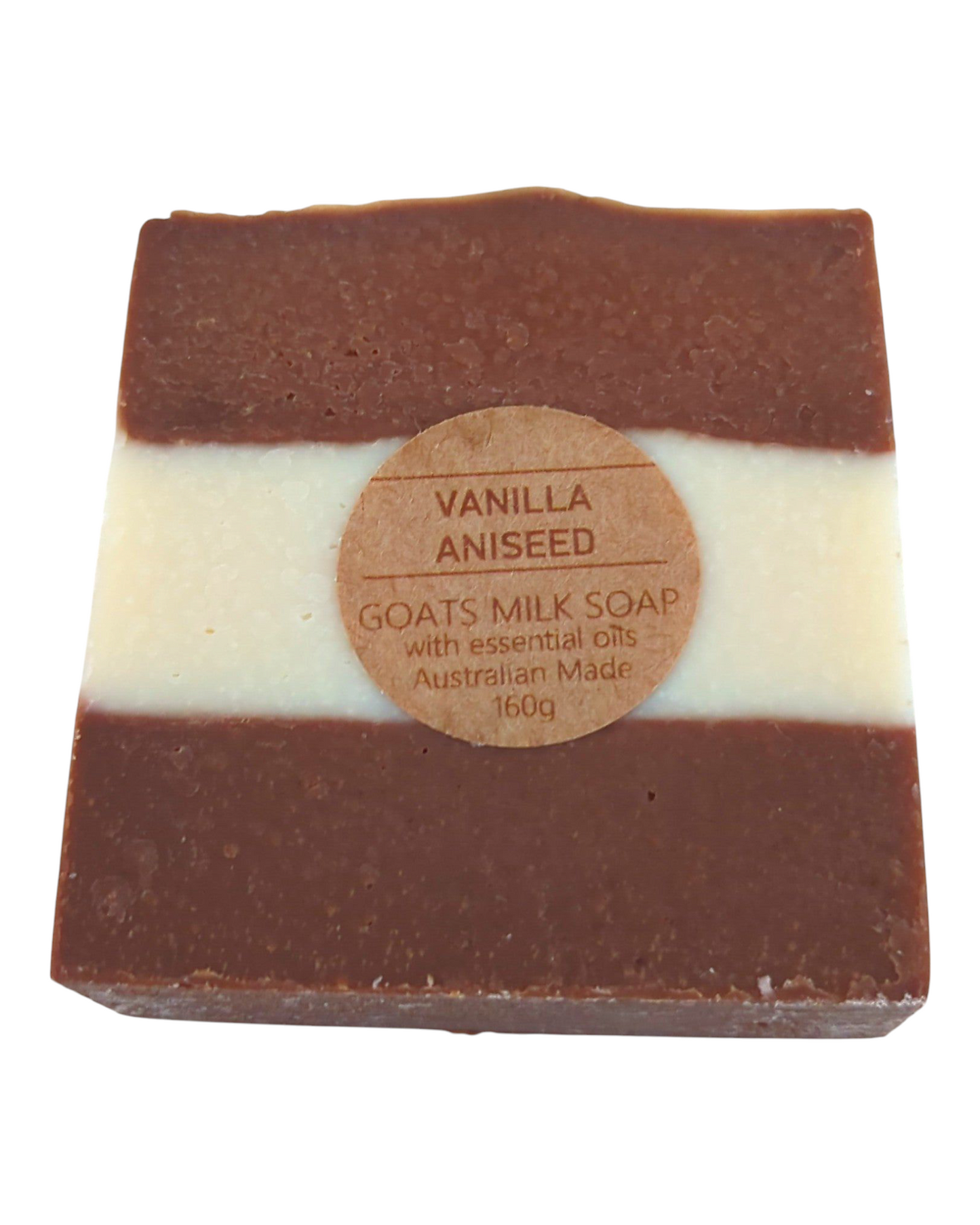 Vanilla Aniseed scented goats milk soap bar with stipe pattern