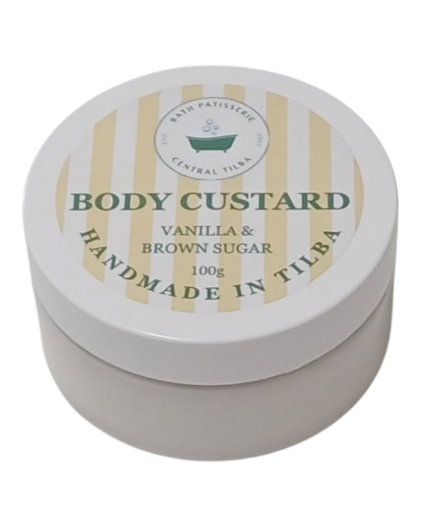 Bath Patisserie Vanilla & Brown Sugar Scented Body Custard – white coloured nourishing custard in labelled jar.