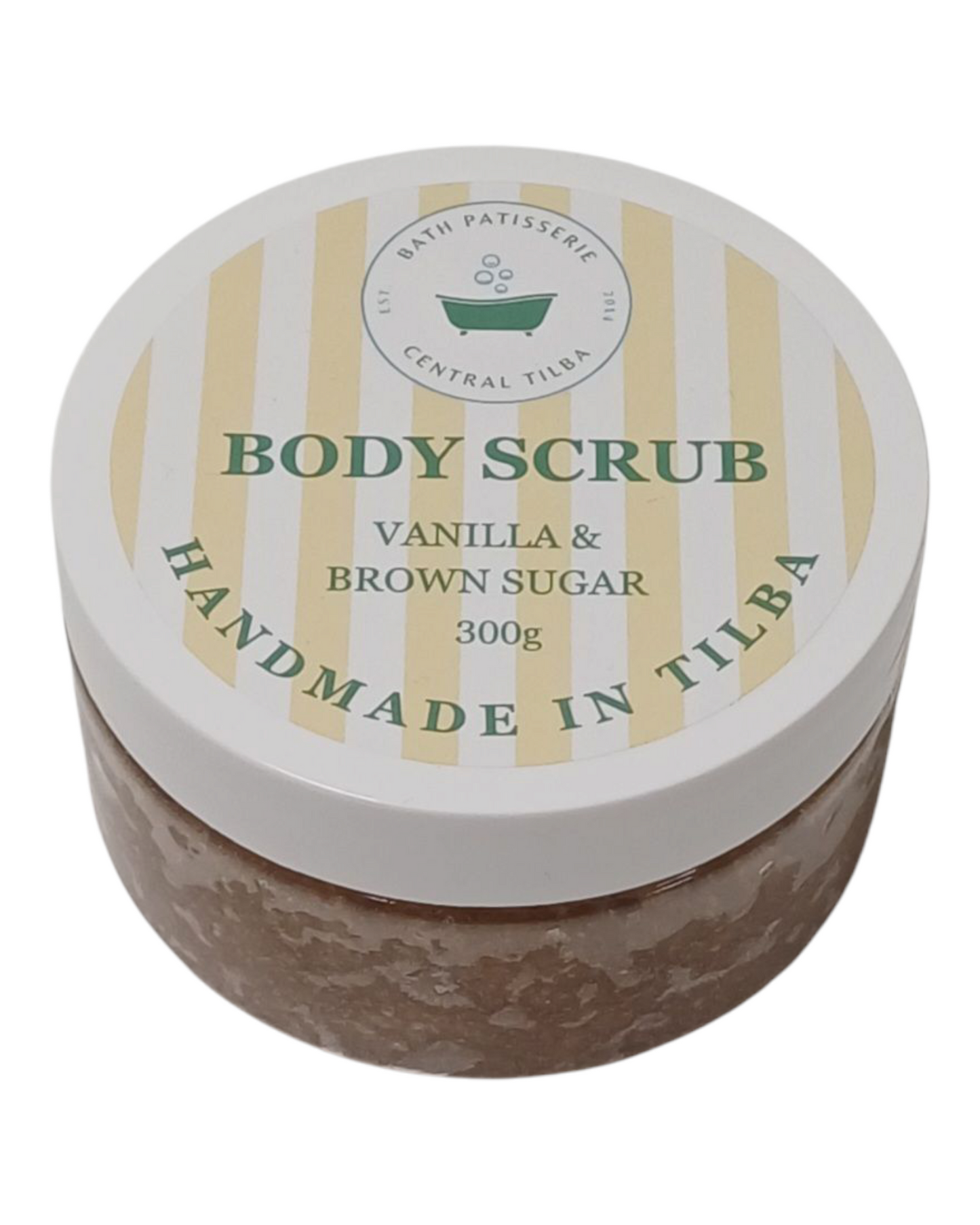 Bath Patisserie Vanilla & Brown Sugar scented Body Scrub – brown exfoliating scrub in a labelled jar.