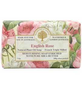 A packaged bar of Wavertree & London soap with English Rose scent, decorated with a floral design and information about the product displayed on the label.