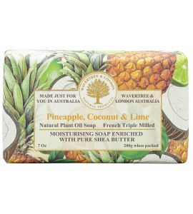 A packaged bar of Wavertree & London soap with a label showing an image of a pineapple and text indicating the fragrance of Pineapple, Coconut & Lime. The bar is said to be natural plant oil soap, French triple milled, with pure shea butter.