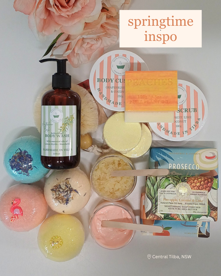 Spring inspired bath and body products including bath bombs, body scrubs, body custards and soaps