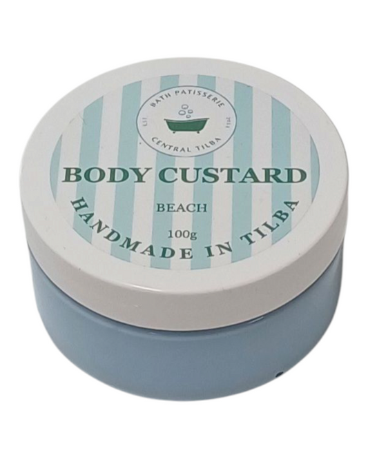 Bath Patisserie Beach Scented Body Custard – blue coloured nourishing custard in labelled jar.