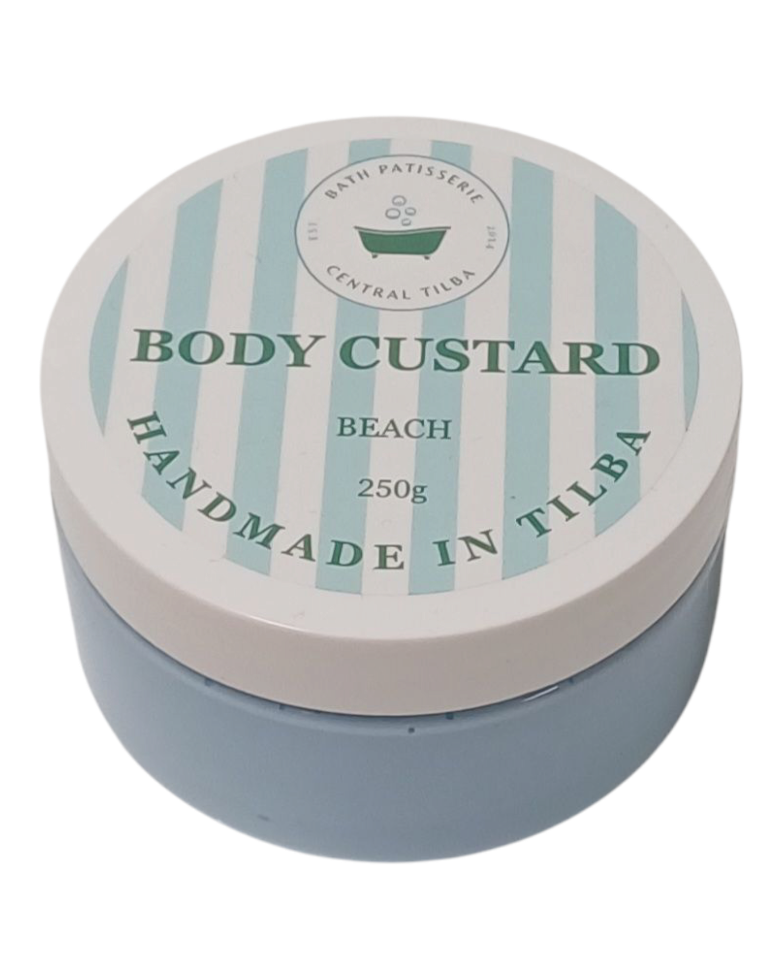 Bath Patisserie Beach Scented Body Custard – blue coloured nourishing custard in labelled jar.