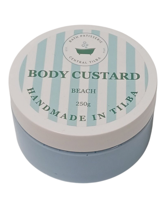 Bath Patisserie Beach Scented Body Custard – blue coloured nourishing custard in labelled jar.