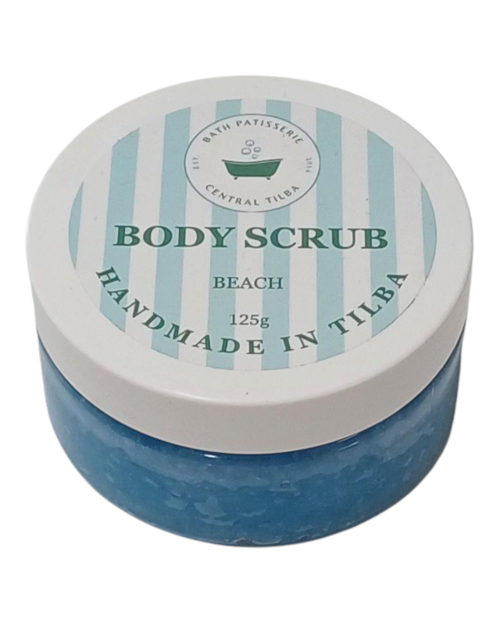 Bath Patisserie Beach scented Body Scrub – blue exfoliating scrub in a labelled jar.