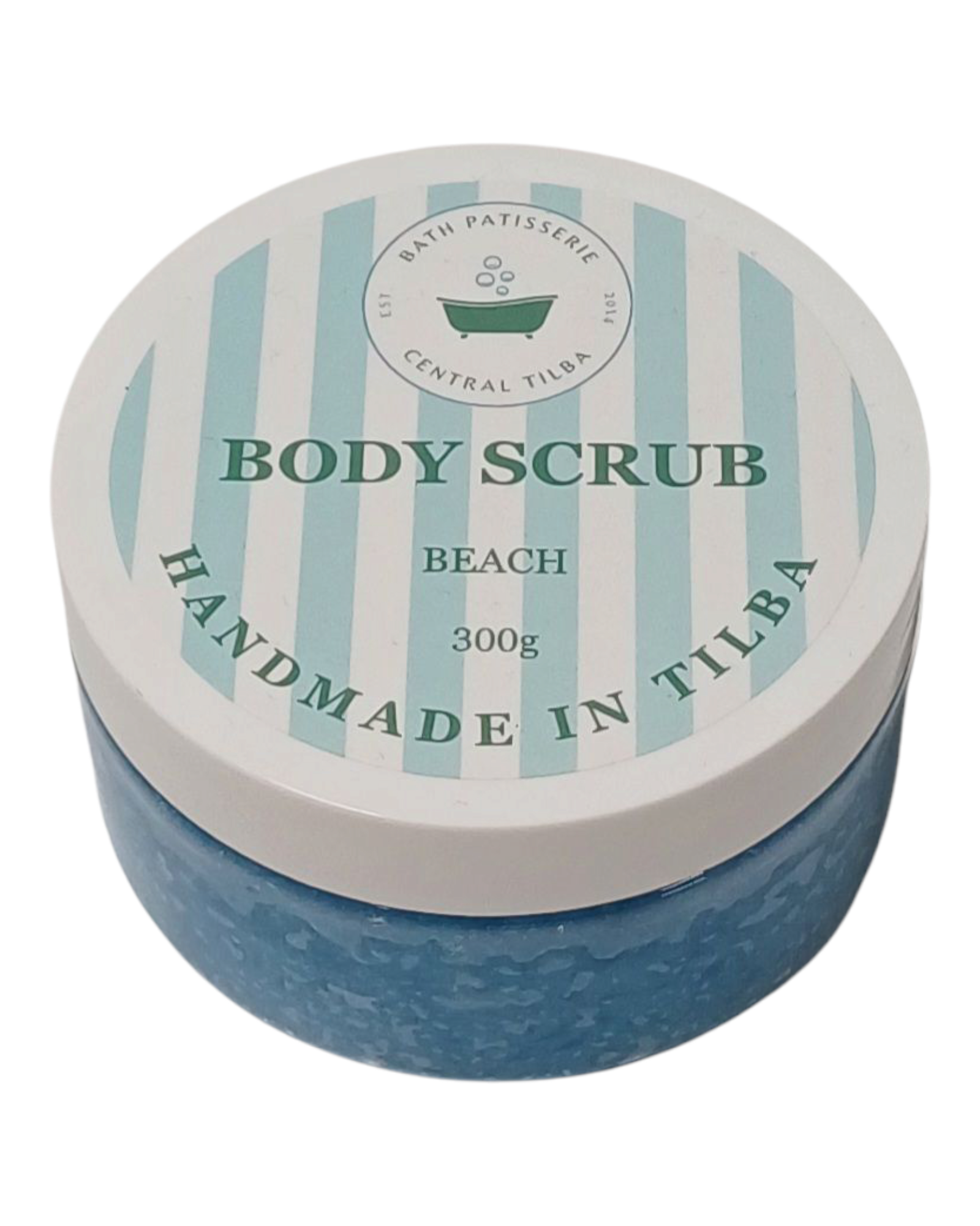 Bath Patisserie Beach scented Body Scrub – blue exfoliating scrub in a labelled jar.