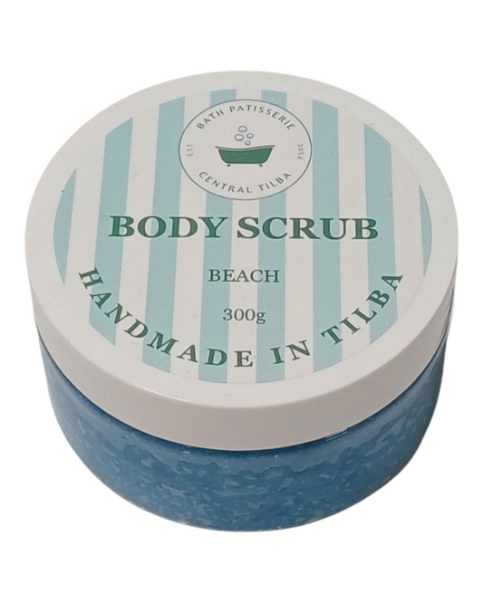 Bath Patisserie Beach scented Body Scrub – blue exfoliating scrub in a labelled jar.