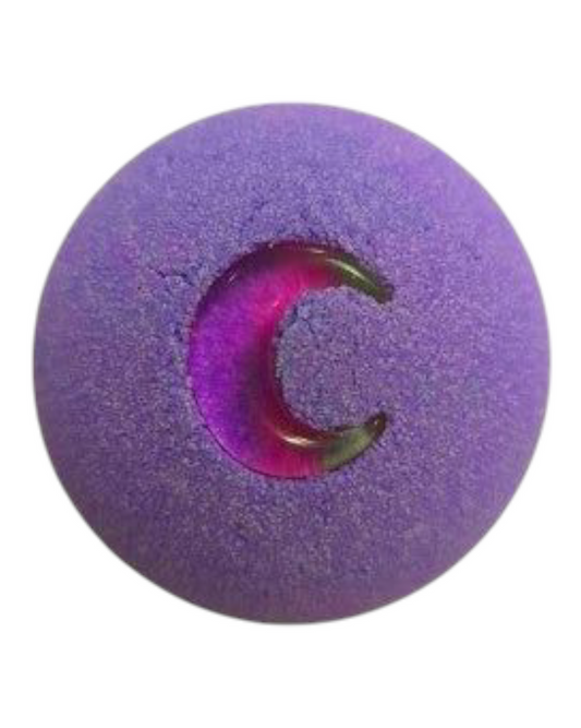 Purple bath bomb with a crescent moon on top