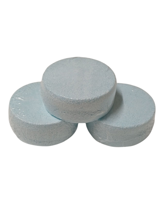 Bath Patisserie Breathe Easy Shower Steamers - Three blue round shower steamers made with essential oils.