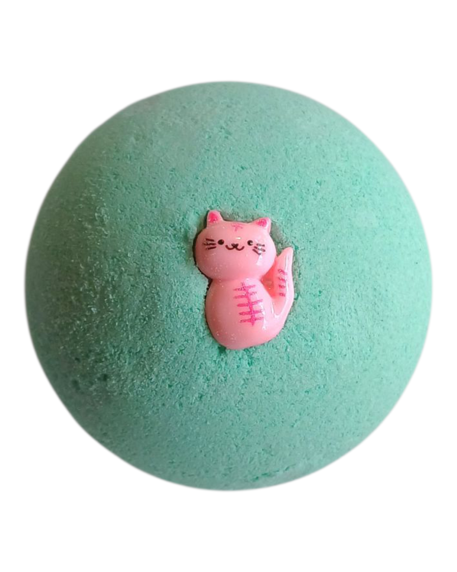Green bath bomb with a cat-shaped figure on a white background