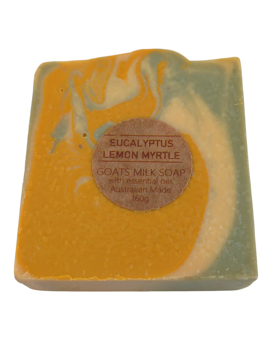 Eucalyptus & Lemon Myrtle scented goats milk soap bar with swirl pattern