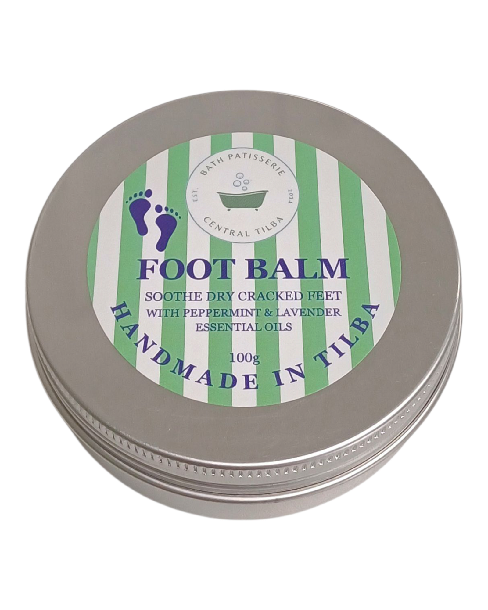 Bath Patisserie Foot Balm with peppermint & lavender essential oils in an aluminum tin.