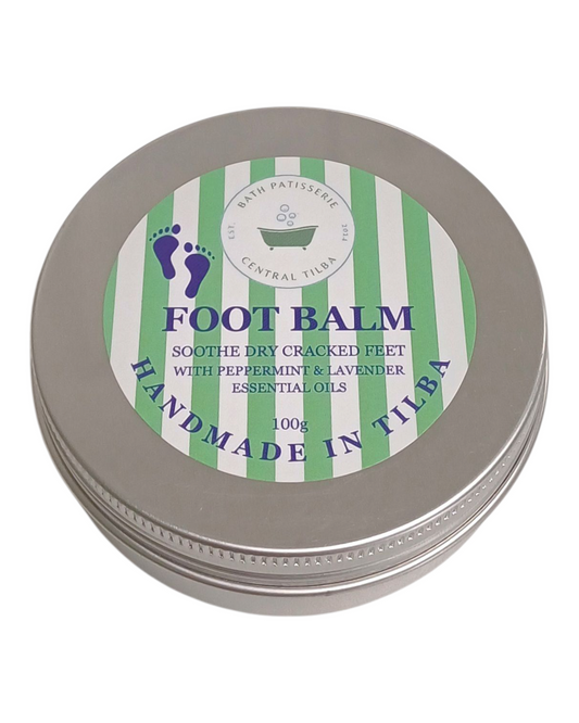 Bath Patisserie Foot Balm with peppermint & lavender essential oils in an aluminum tin.