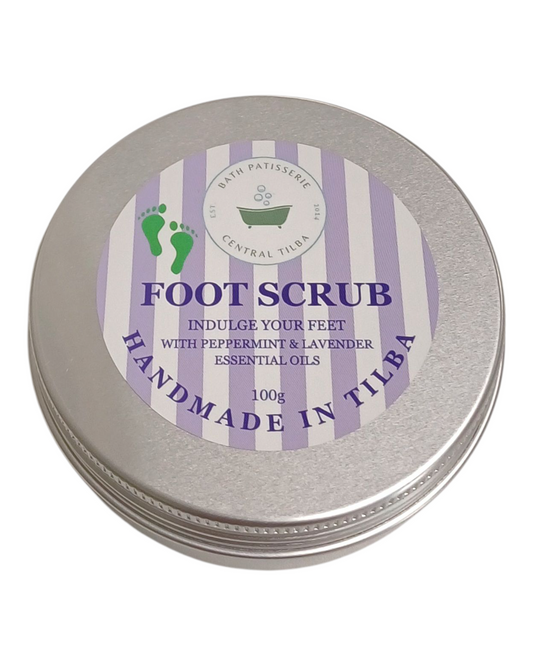 Bath Patisserie Foot Scrub with peppermint & lavender essential oils in an aluminum tin.