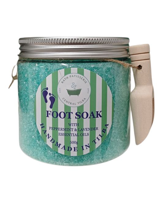 Bath Patisserie Foot Soak with peppermint & lavender essential oils, and mineral rich epsom and natural sea salts in a labelled jar.