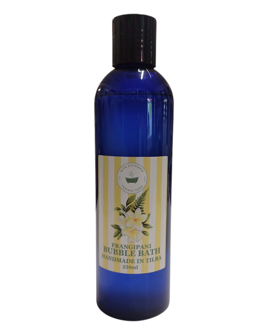 Bath Patisserie Frangipani scented Bubble Bath in a labelled  blue bottle.
