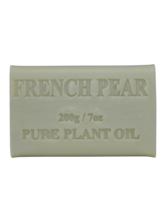 Bar of soap labeled 'French Pear' with 'Pure Plant Oil' 
