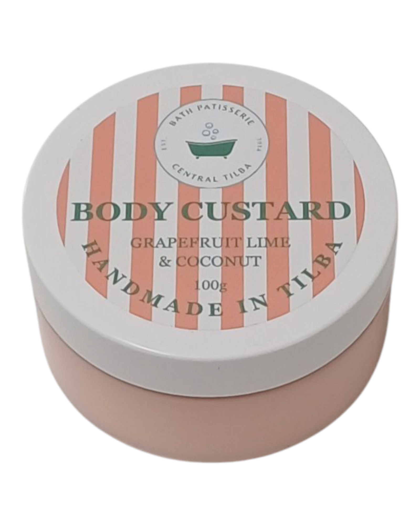 Bath Patisserie Grapefruit, Lime & Coconut Scented Body Custard – orange coloured nourishing custard in labelled jar.
