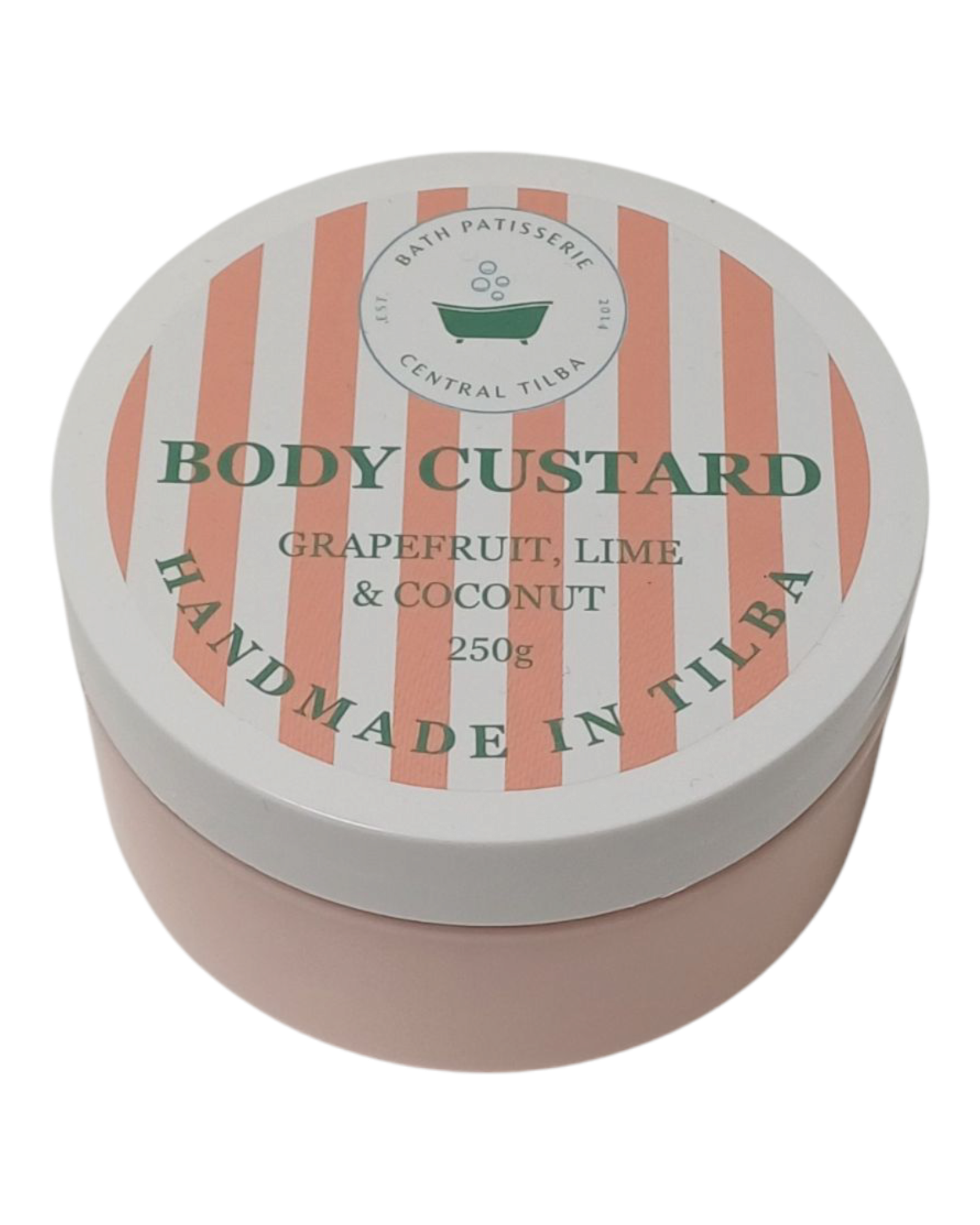 Bath Patisserie Grapefruit, Lime & Coconut Scented Body Custard – orange coloured nourishing custard in labelled jar.