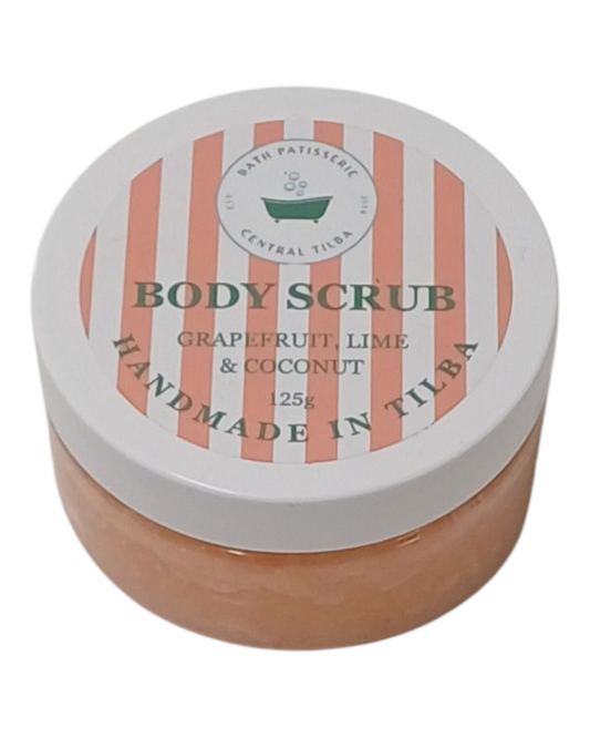 Bath Patisserie Grapefruit, Lime & Coconut scented Body Scrub – orange exfoliating scrub in a labelled jar.