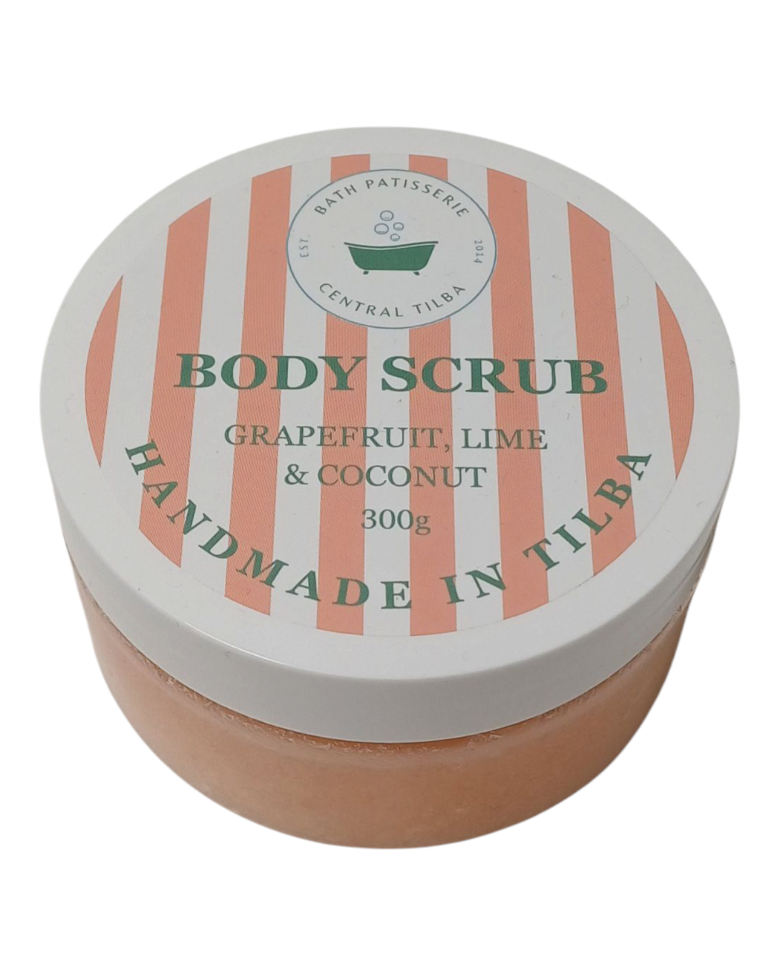 Bath Patisserie Grapefruit, Lime & Coconut scented Body Scrub – orange exfoliating scrub in a labelled jar.