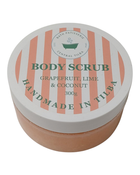 Bath Patisserie Grapefruit, Lime & Coconut scented Body Scrub – orange exfoliating scrub in a labelled jar.