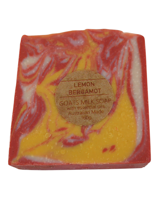 Lemon & Bergamot scented goats milk soap bar with swirl pattern
