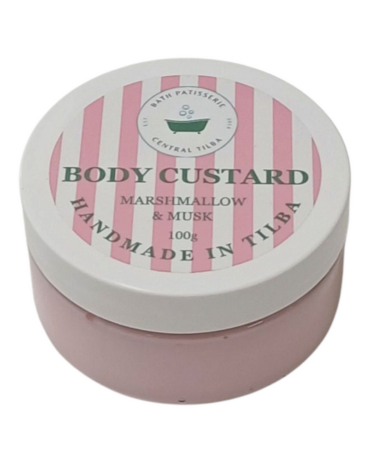 Bath Patisserie Marshmallow & Musk Scented Body Custard – pink coloured nourishing custard in labelled jar.