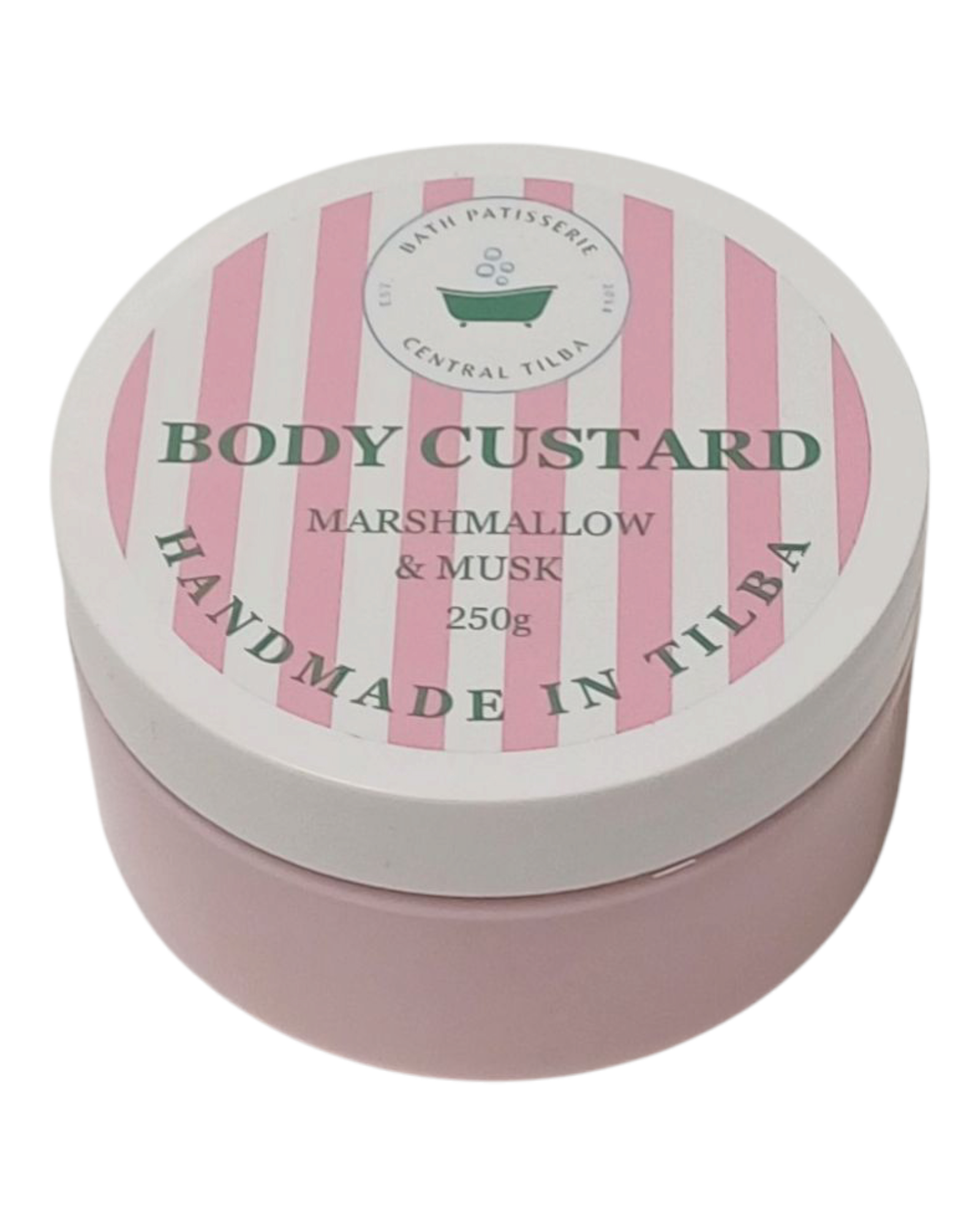 Bath Patisserie Marshmallow & Musk Scented Body Custard – pink coloured nourishing custard in labelled jar.