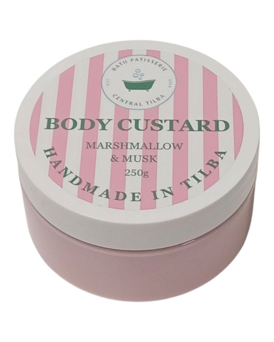 Bath Patisserie Marshmallow & Musk Scented Body Custard – pink coloured nourishing custard in labelled jar.