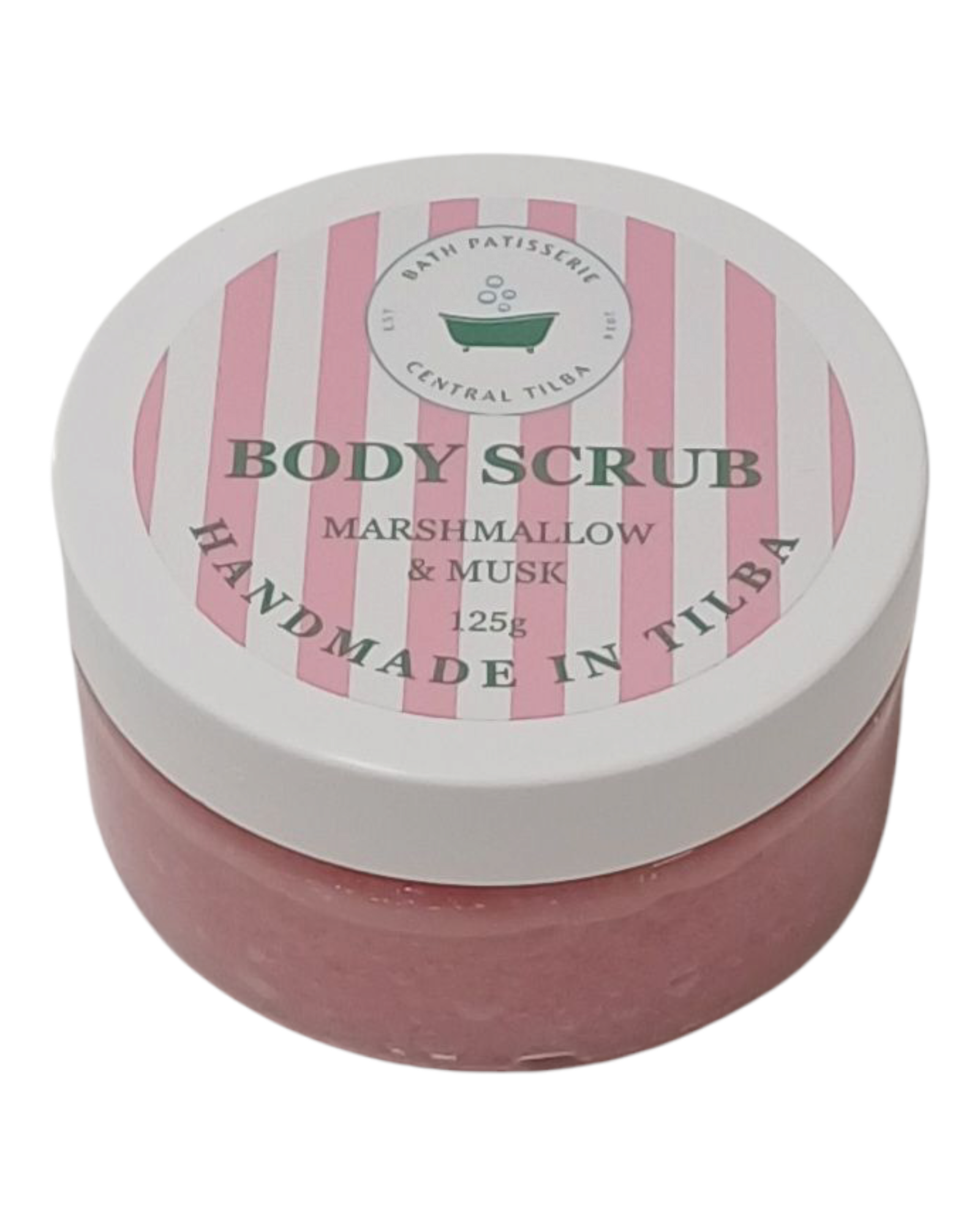Bath Patisserie Marshmallow & Musk scented Body Scrub – pink exfoliating scrub in a labelled jar.