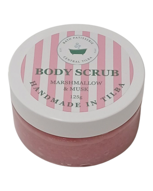 Bath Patisserie Marshmallow & Musk scented Body Scrub – pink exfoliating scrub in a labelled jar.