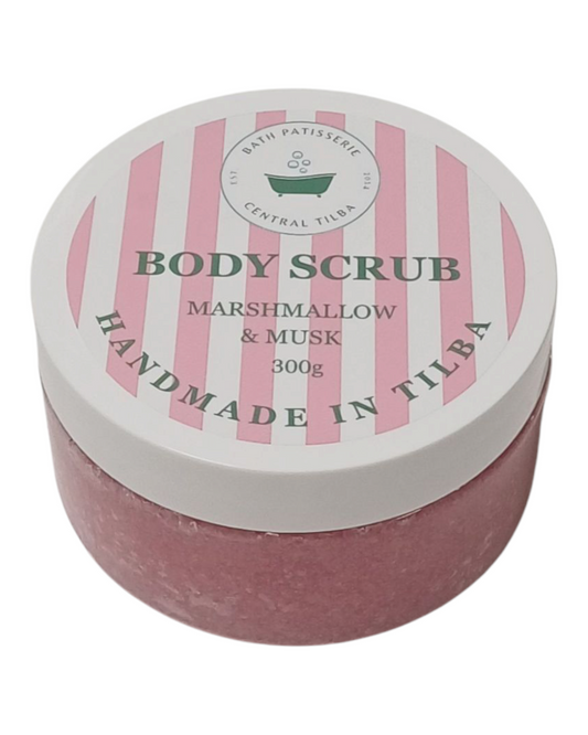 Bath Patisserie Marshmallow & Musk scented Body Scrub – pink exfoliating scrub in a labelled jar.