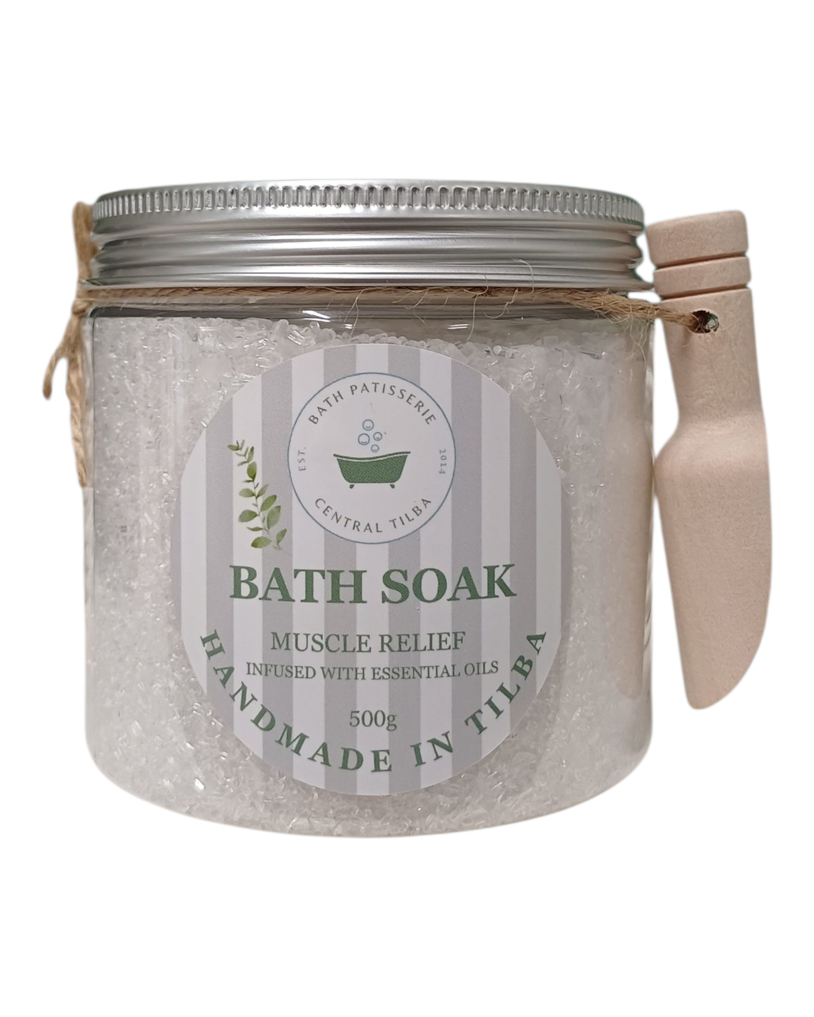Bath Patisserie Muscle Relief Bath Soak. Epsom and sea salts with camphor, pine & wintergreen essential oils in a labeled jar.