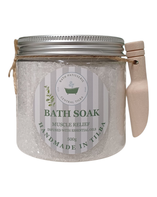 Bath Patisserie Muscle Relief Bath Soak. Epsom and sea salts with camphor, pine & wintergreen essential oils in a labeled jar.