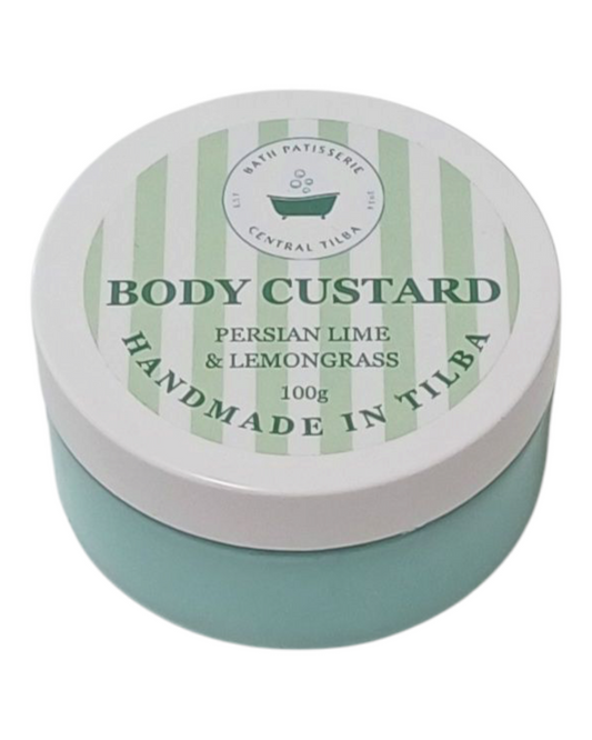 Bath Patisserie Persian Lime & Lemongrass Scented Body Custard – green coloured nourishing custard in labelled jar.