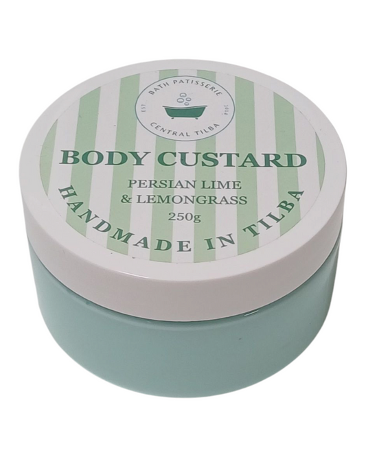 Bath Patisserie Persian Lime & Lemongrass Scented Body Custard – green coloured nourishing custard in labelled jar.