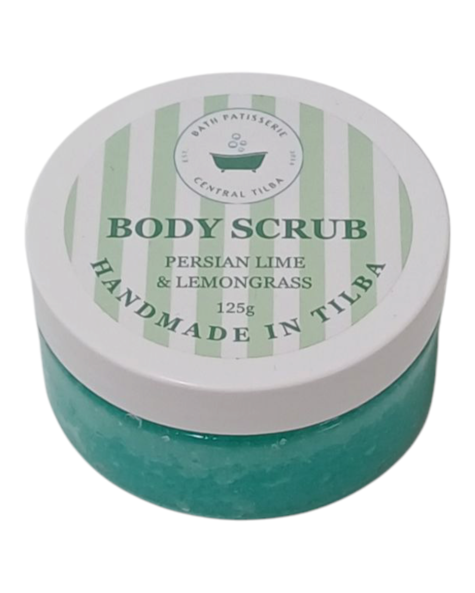 Bath Patisserie Persian Lime & Lemongrass scented Body Scrub – green exfoliating scrub in a labelled jar.