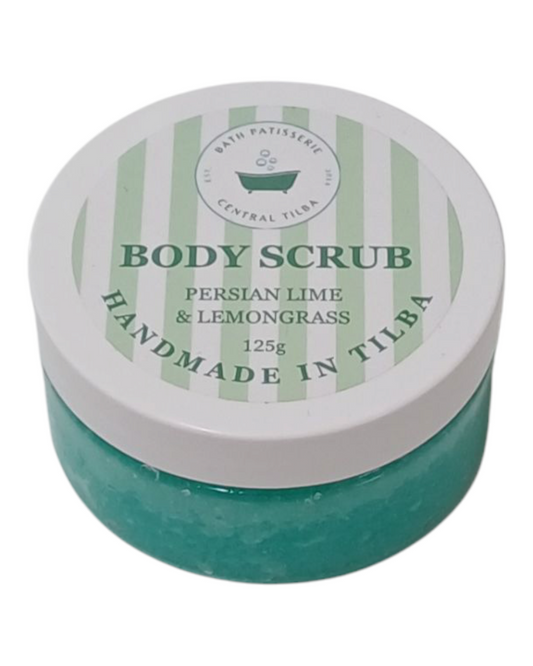 Bath Patisserie Persian Lime & Lemongrass scented Body Scrub – green exfoliating scrub in a labelled jar.