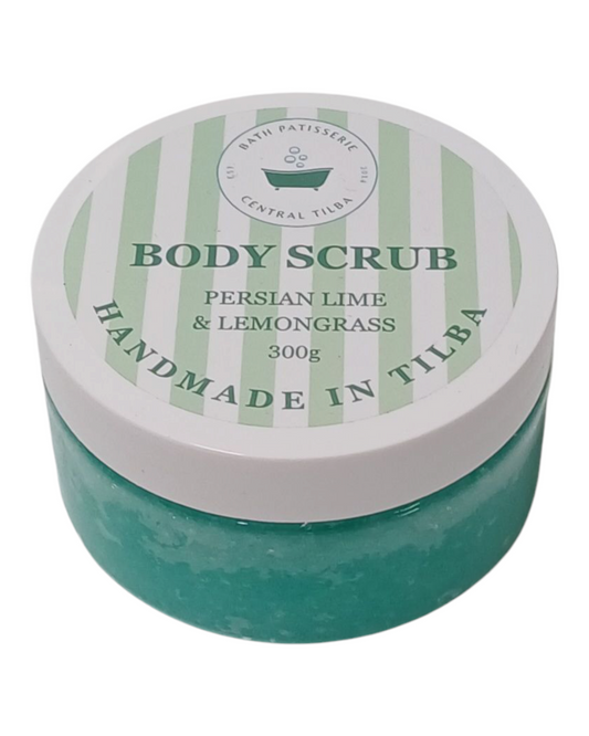 Bath Patisserie Persian Lime & Lemongrass scented Body Scrub – green exfoliating scrub in a labelled jar.