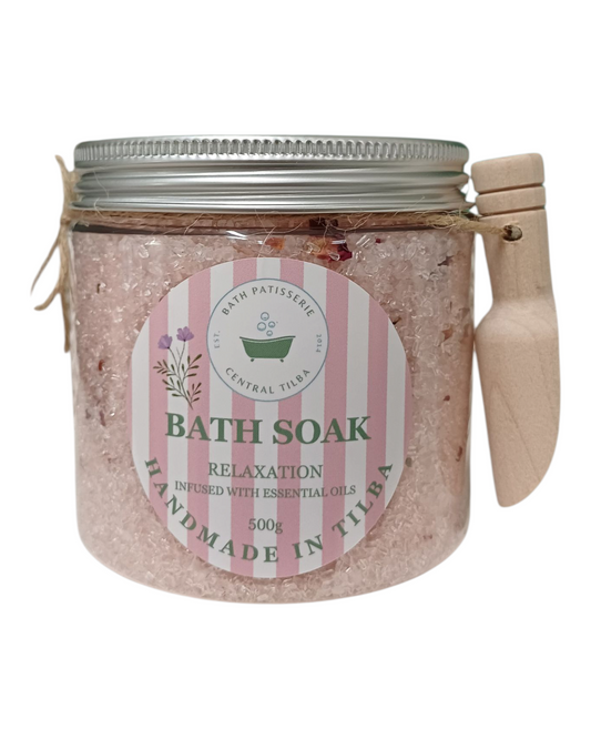 Bath Patisserie Relaxation Bath Soak. Epsom and sea salts with lavender, patchouli & mandarin essential oils in a labeled jar.