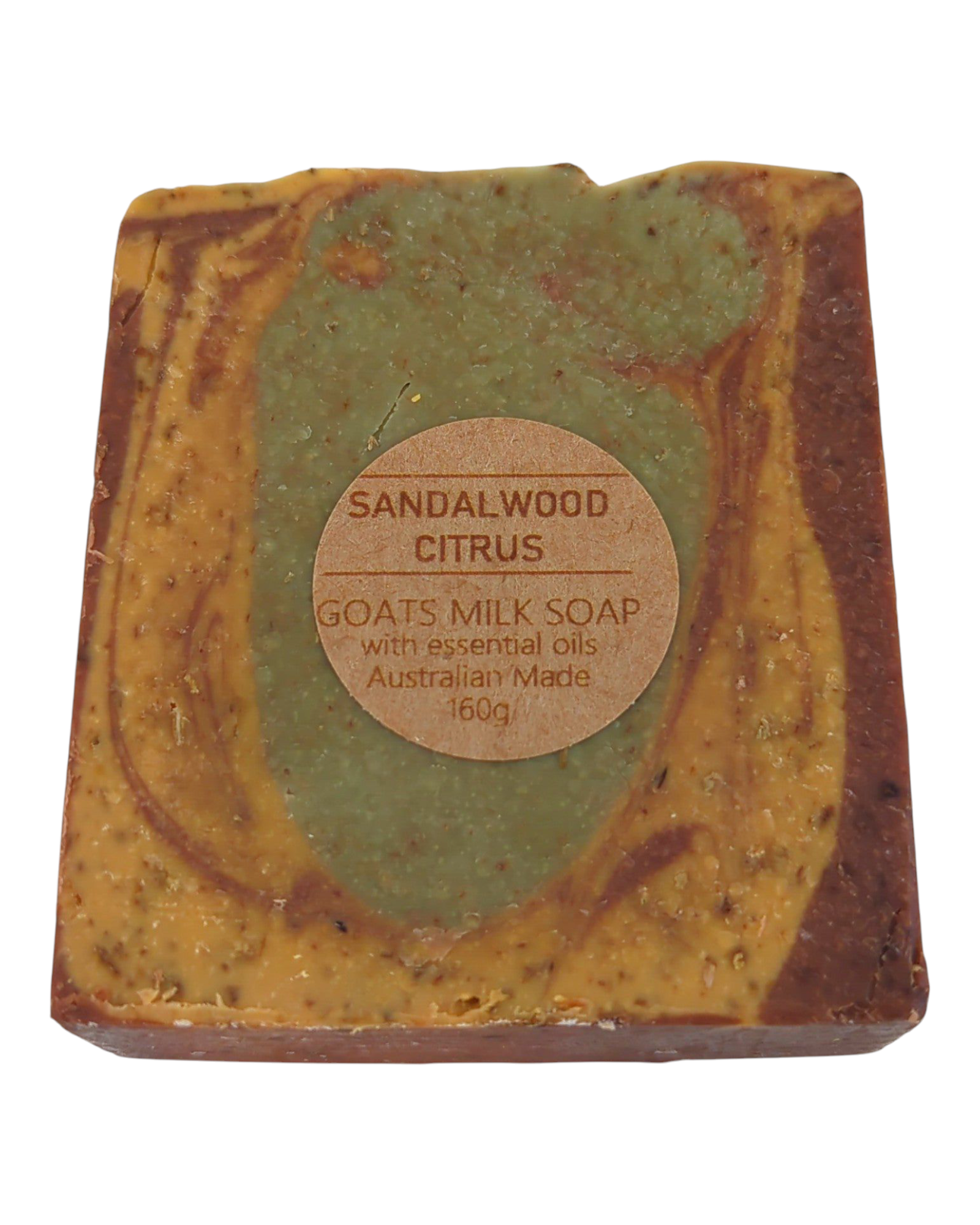 Sandalwood & Citrus scented goats milk soap bar with swirl pattern