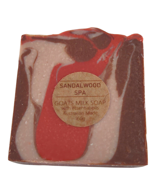 Sandalwood scented goats milk soap bar with swirl pattern